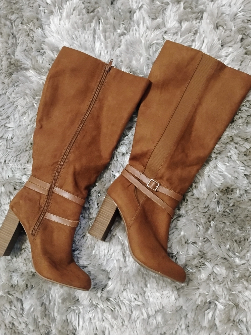 LC Lauren Conrad Brown Knee-High Block Heel Boots with Buckle Strap